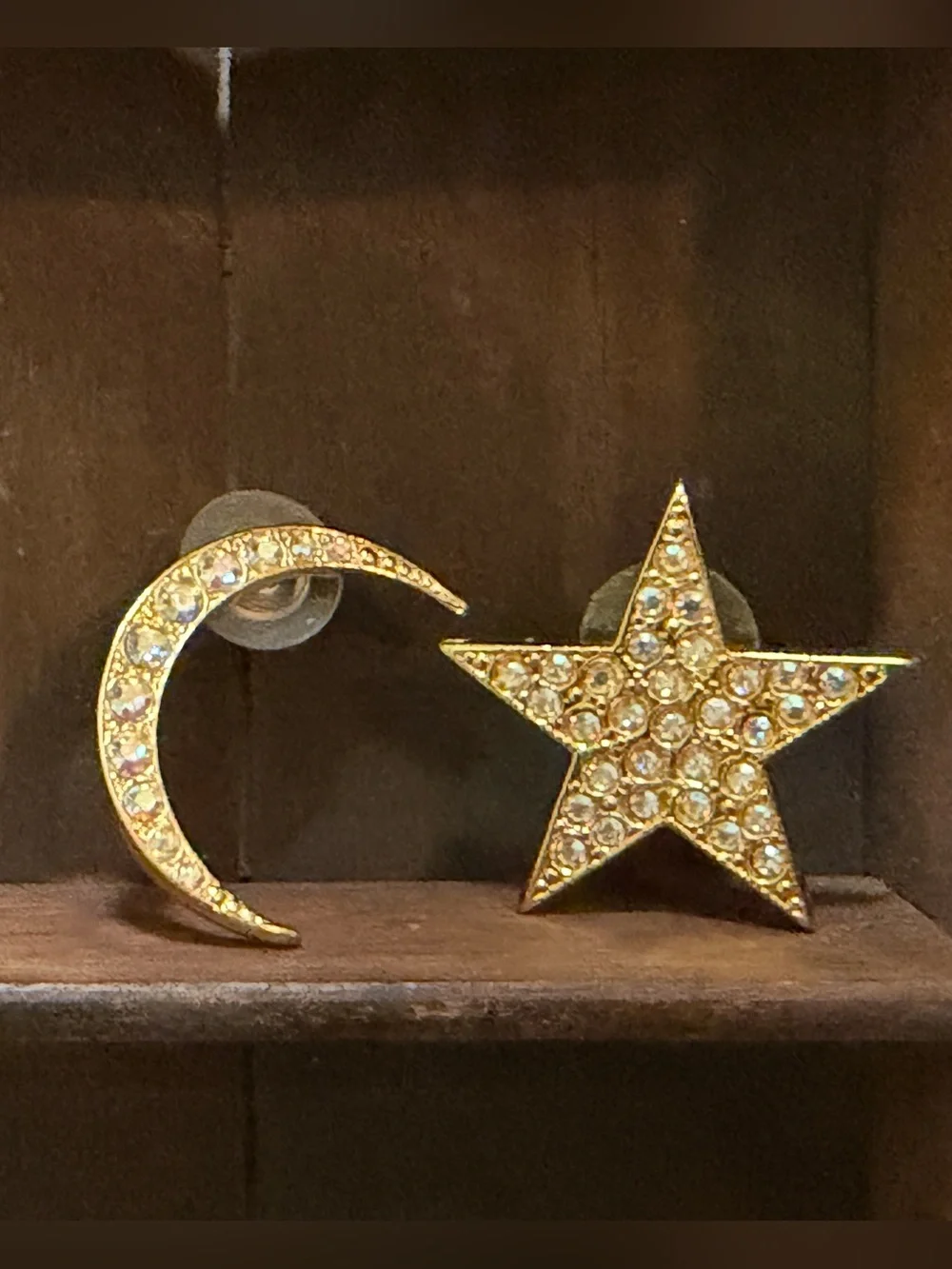 Vintage Kirks Folly Goldtone Celestial AB Rhinestones Moon Star Stud Earrings